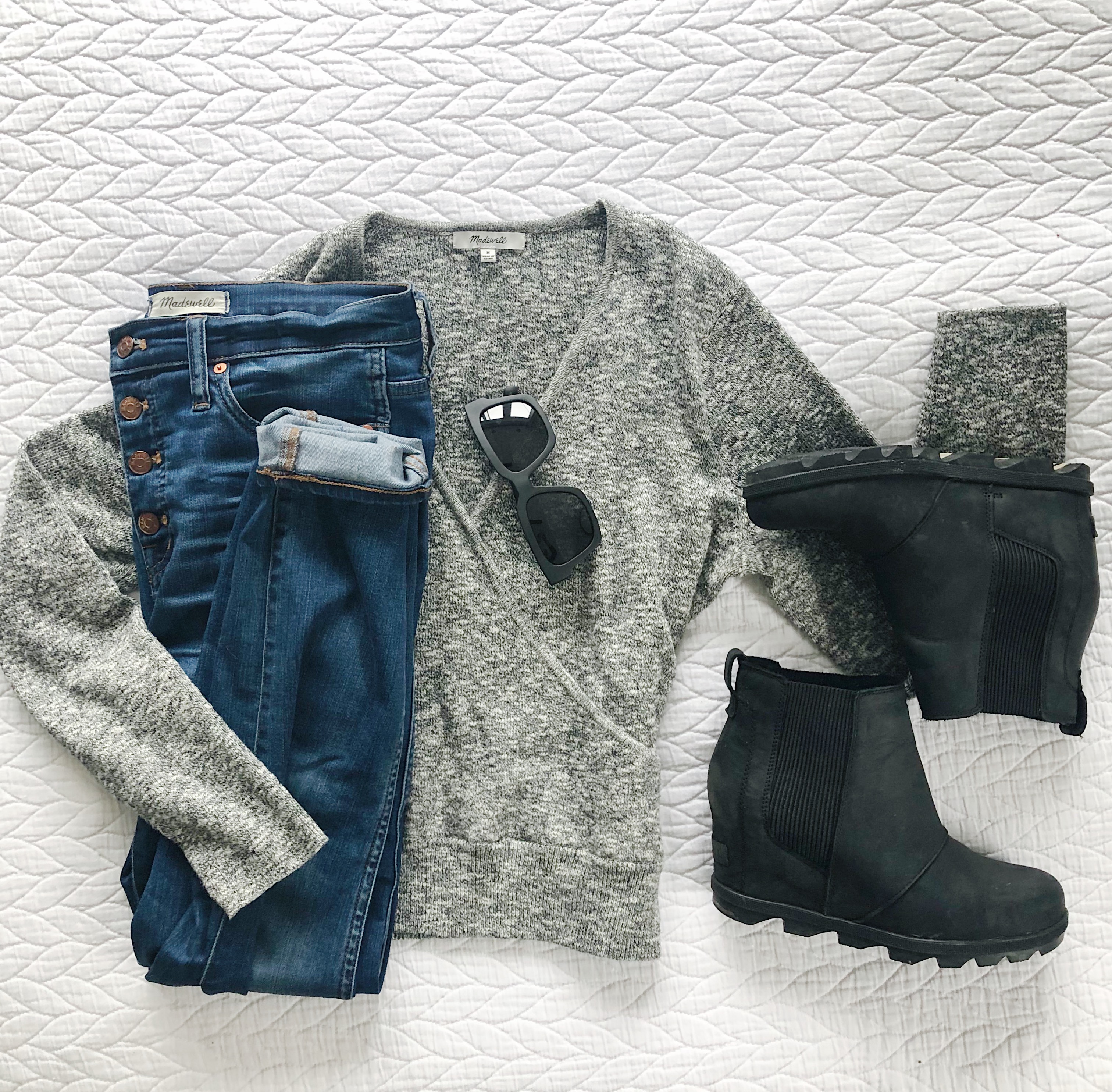 Madewell wrap sweater and sorel boots