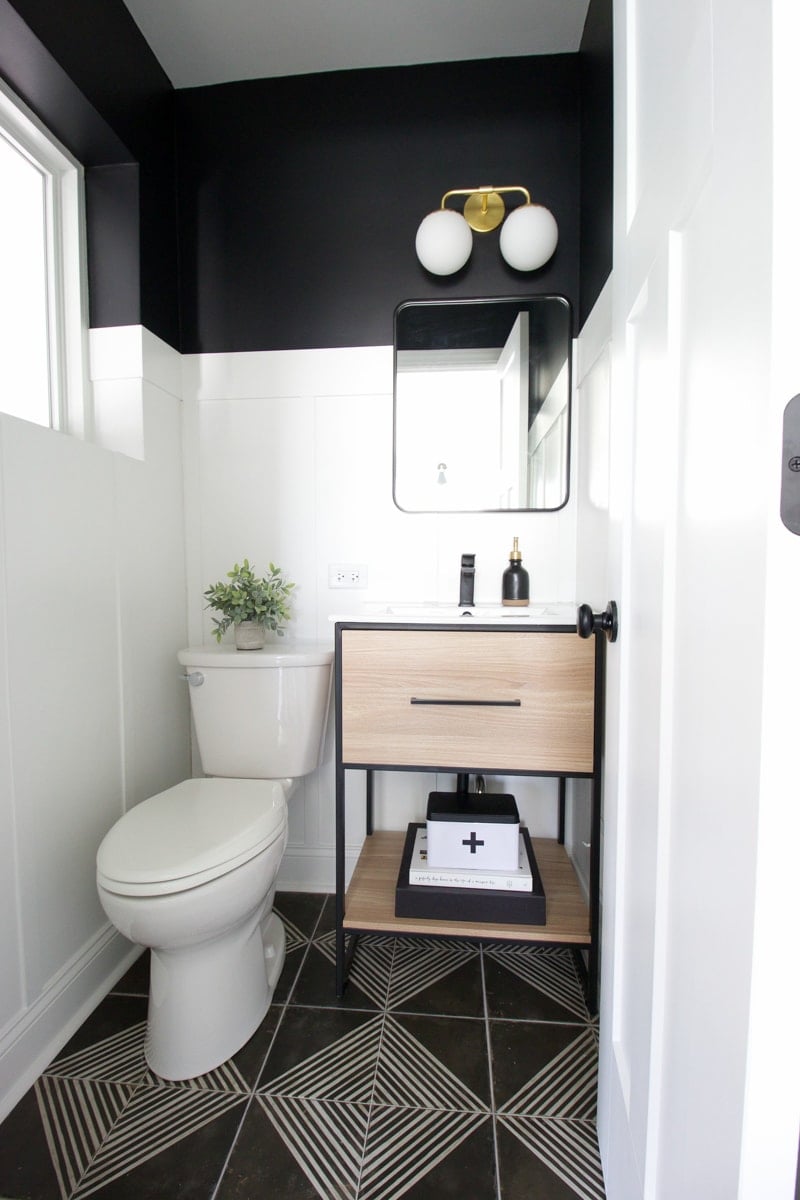 Powder room makeover with a wood vanity