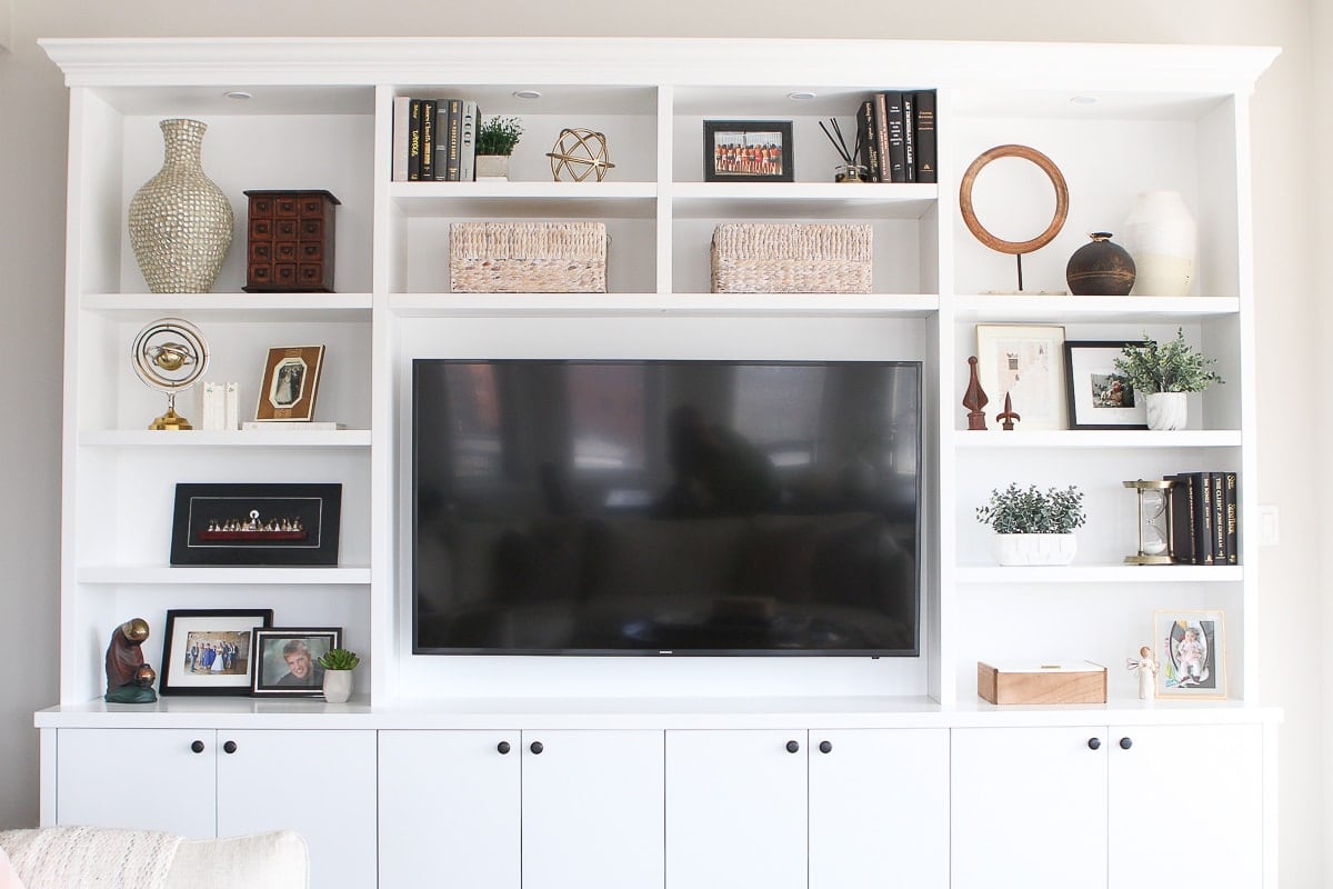 White built-ins in a family room