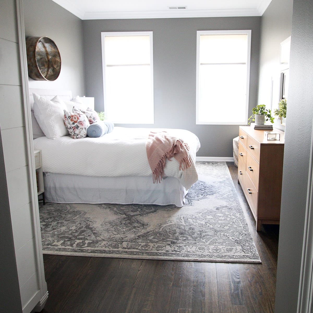 Dark gray guest bedroom in a feminine home tour