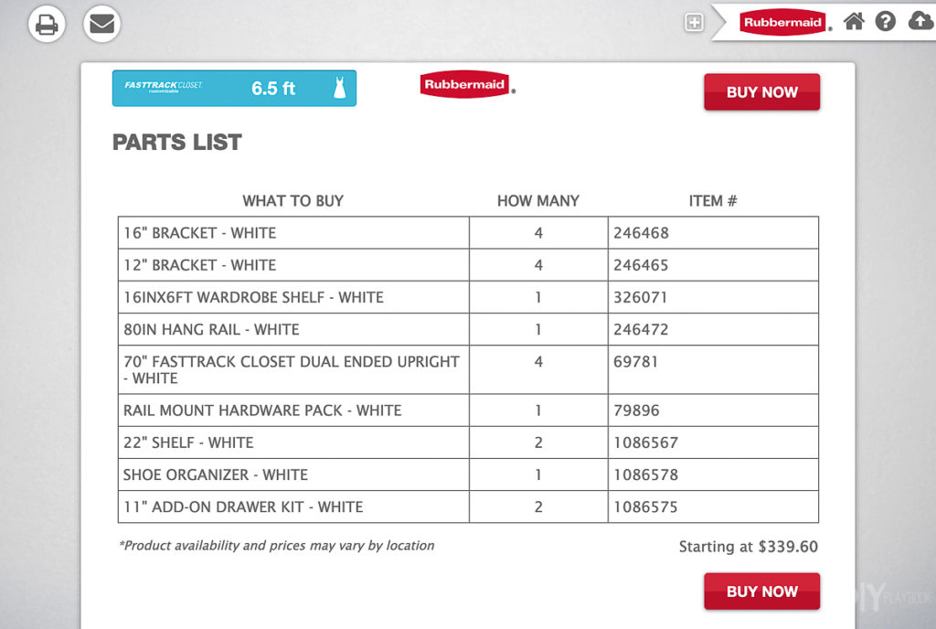 Pricing for Rubbermaid closet system