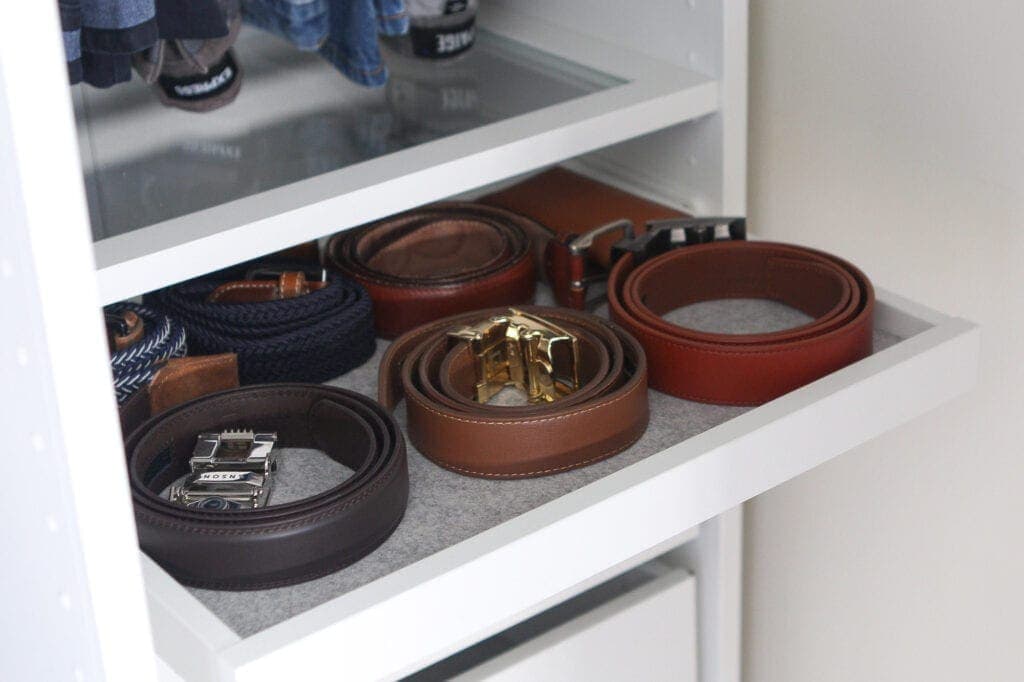 Organized belts in a pull out drawer from IKEA