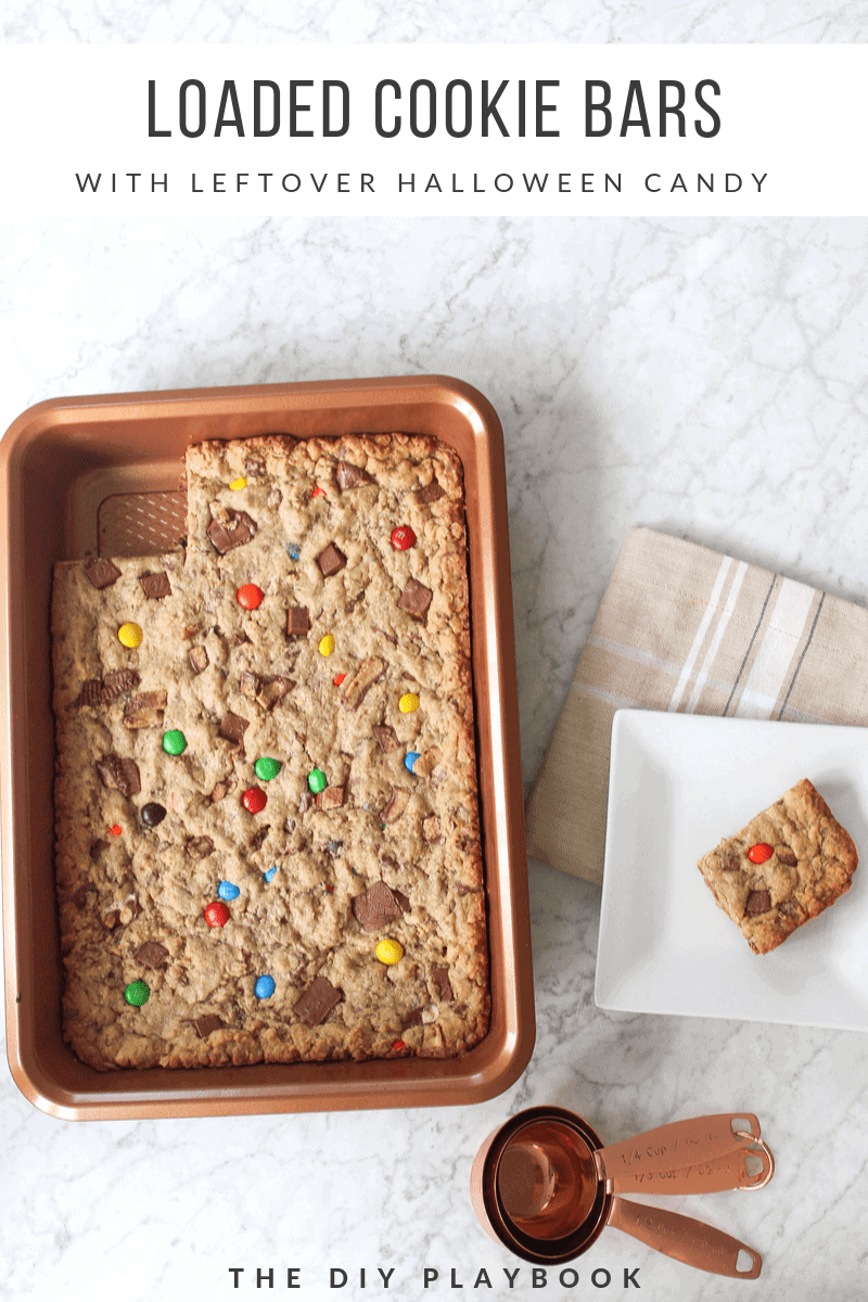 Loaded cookie bars with leftover halloween candy