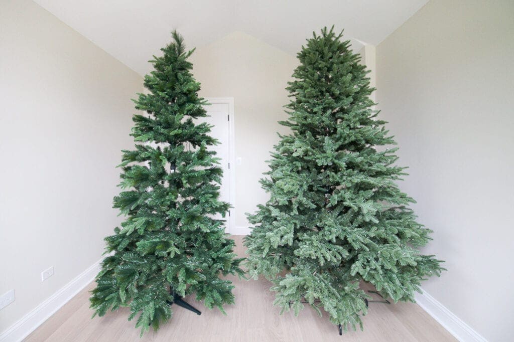 Setting up faux Christmas trees. 