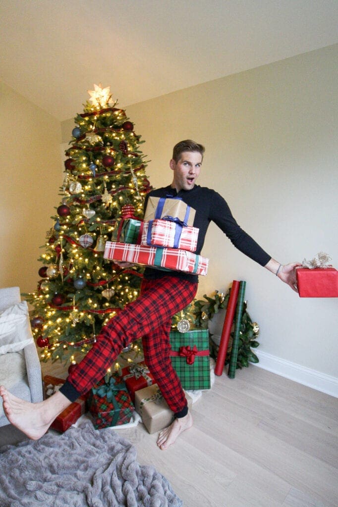 Finn balancing Christmas presents