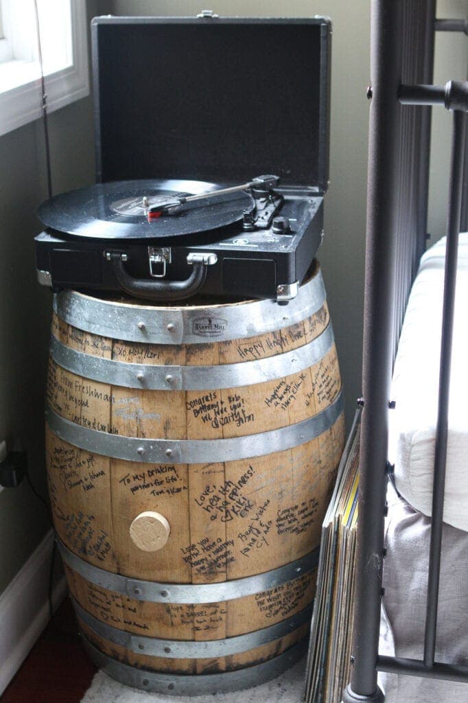 Record player and wine barrel
