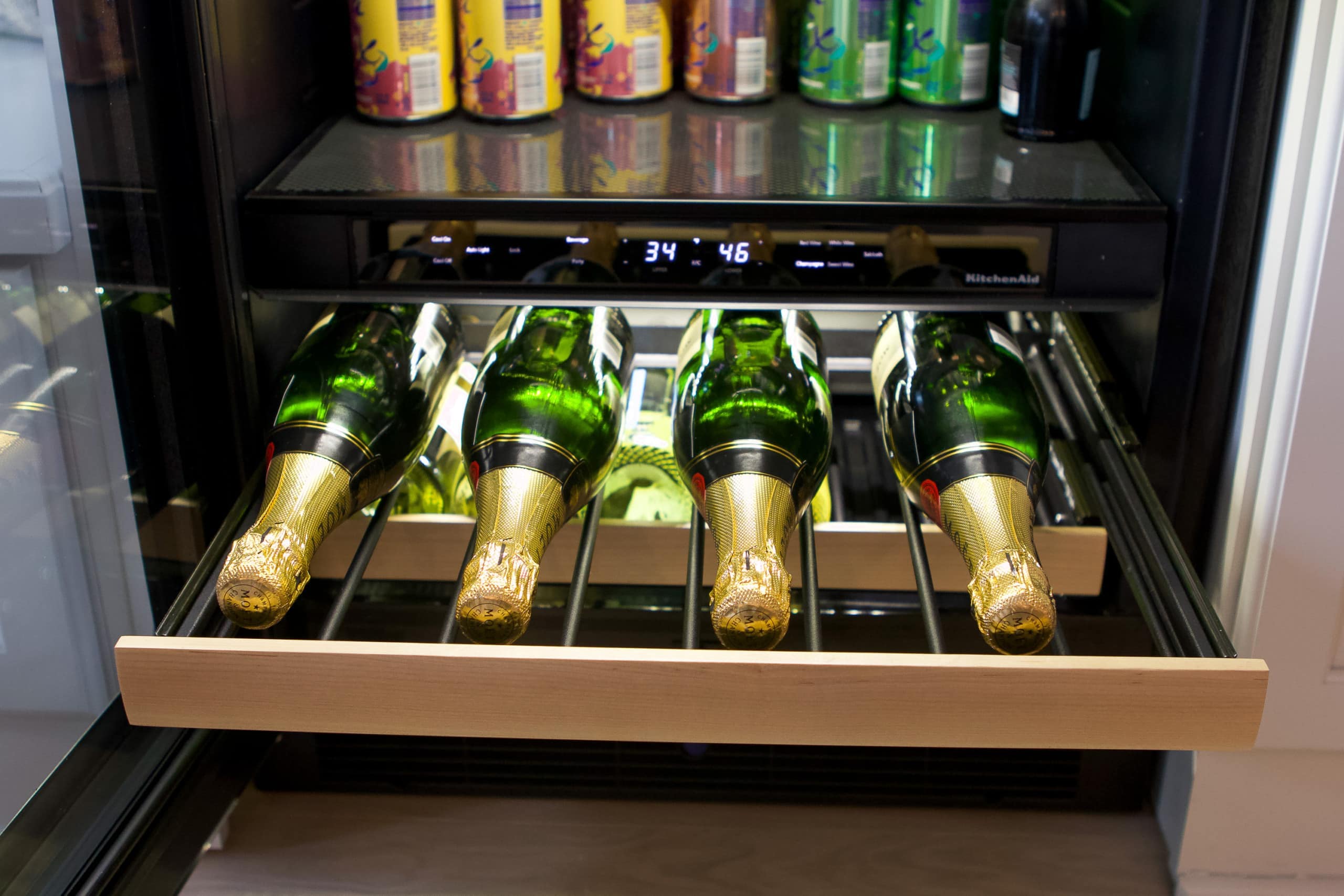 A champagne rack in our wine fridge