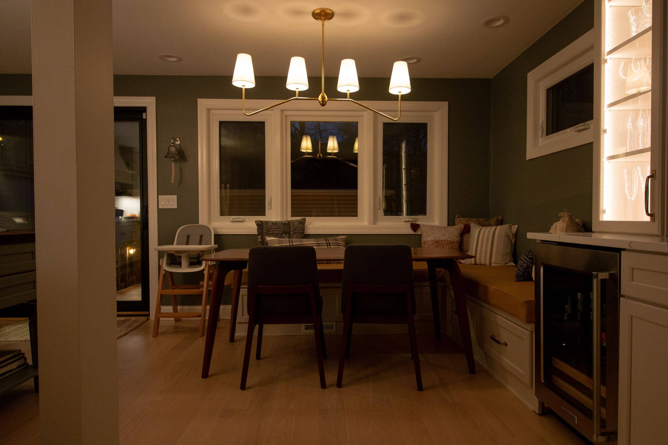 The kitchen and dining room at night