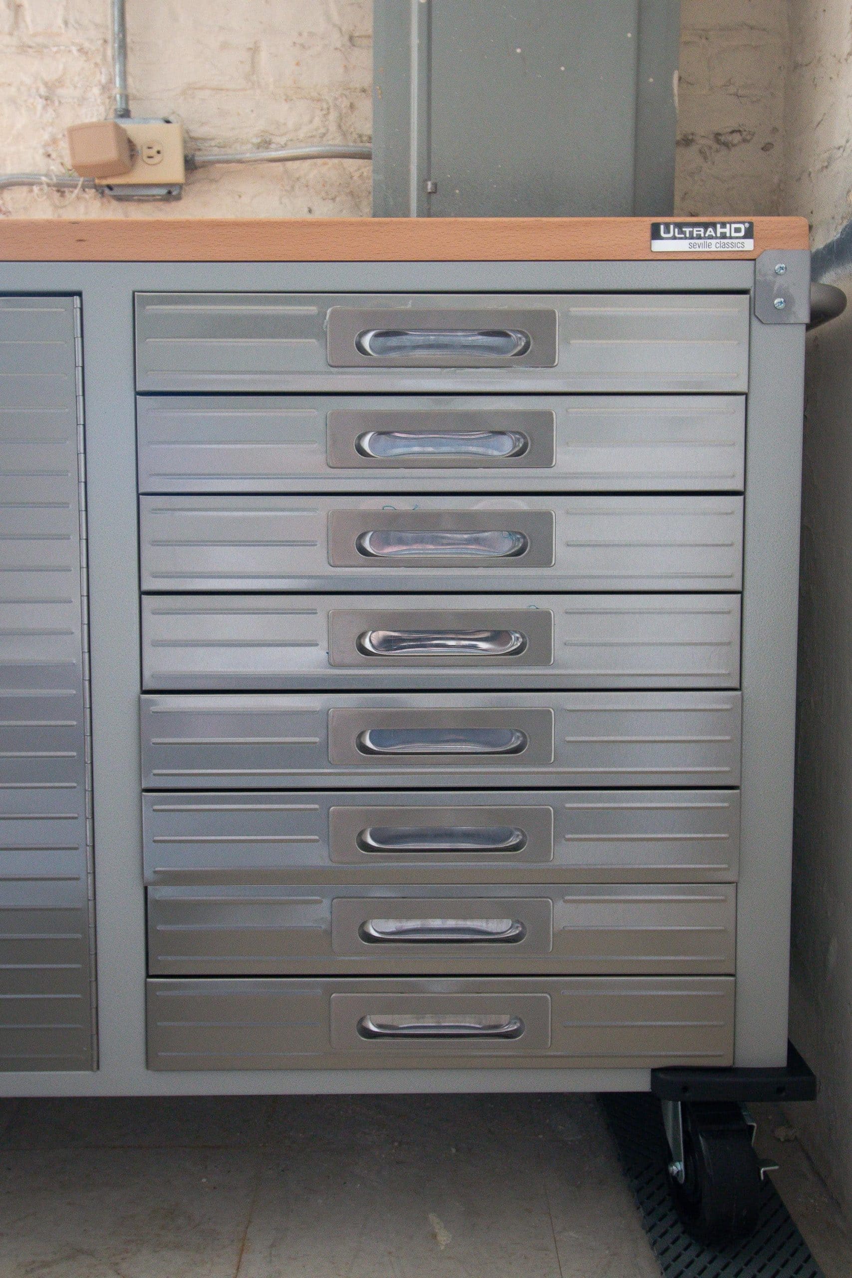 Slim drawers in an organized tool bench