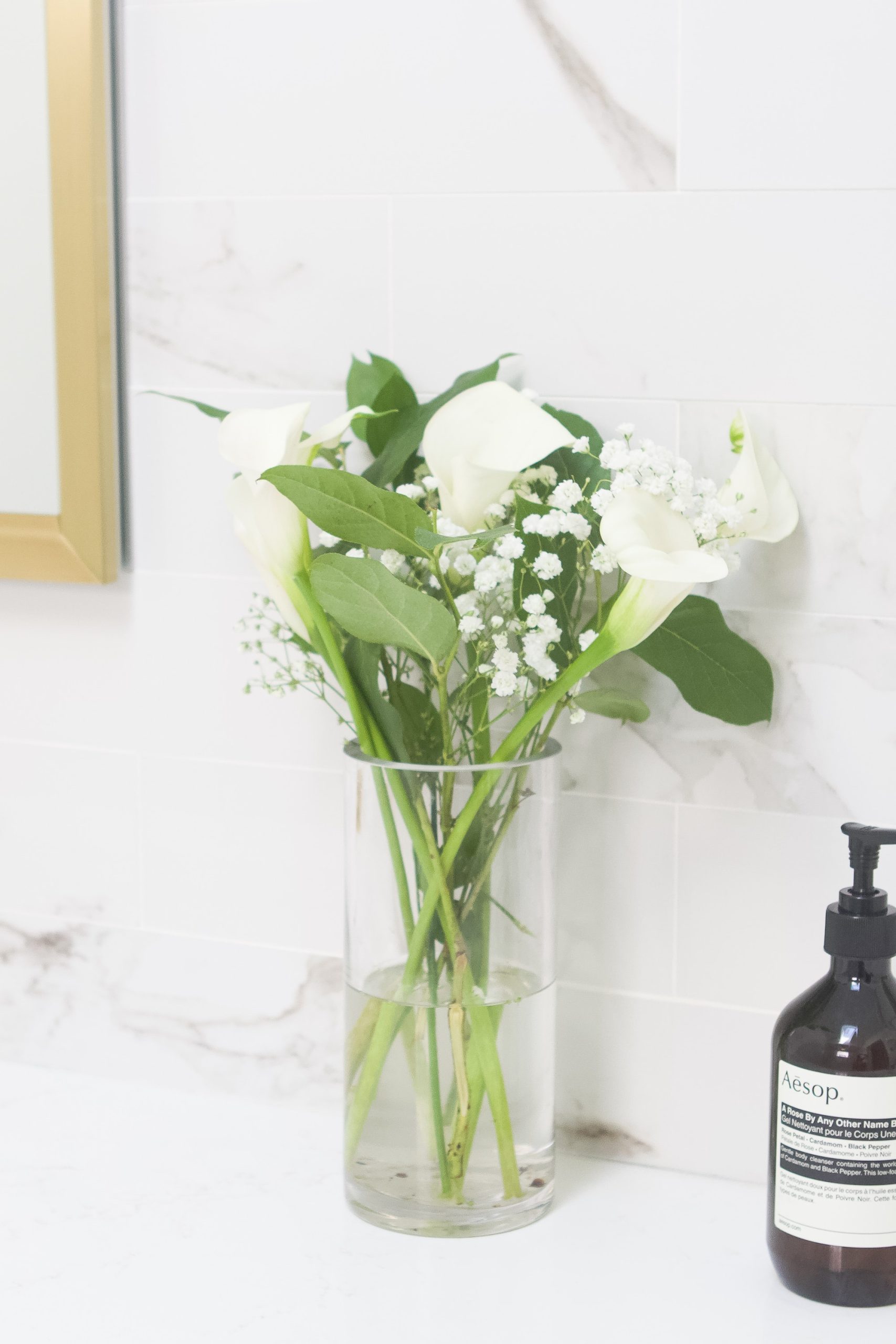 Flowers on a bathroom vanity