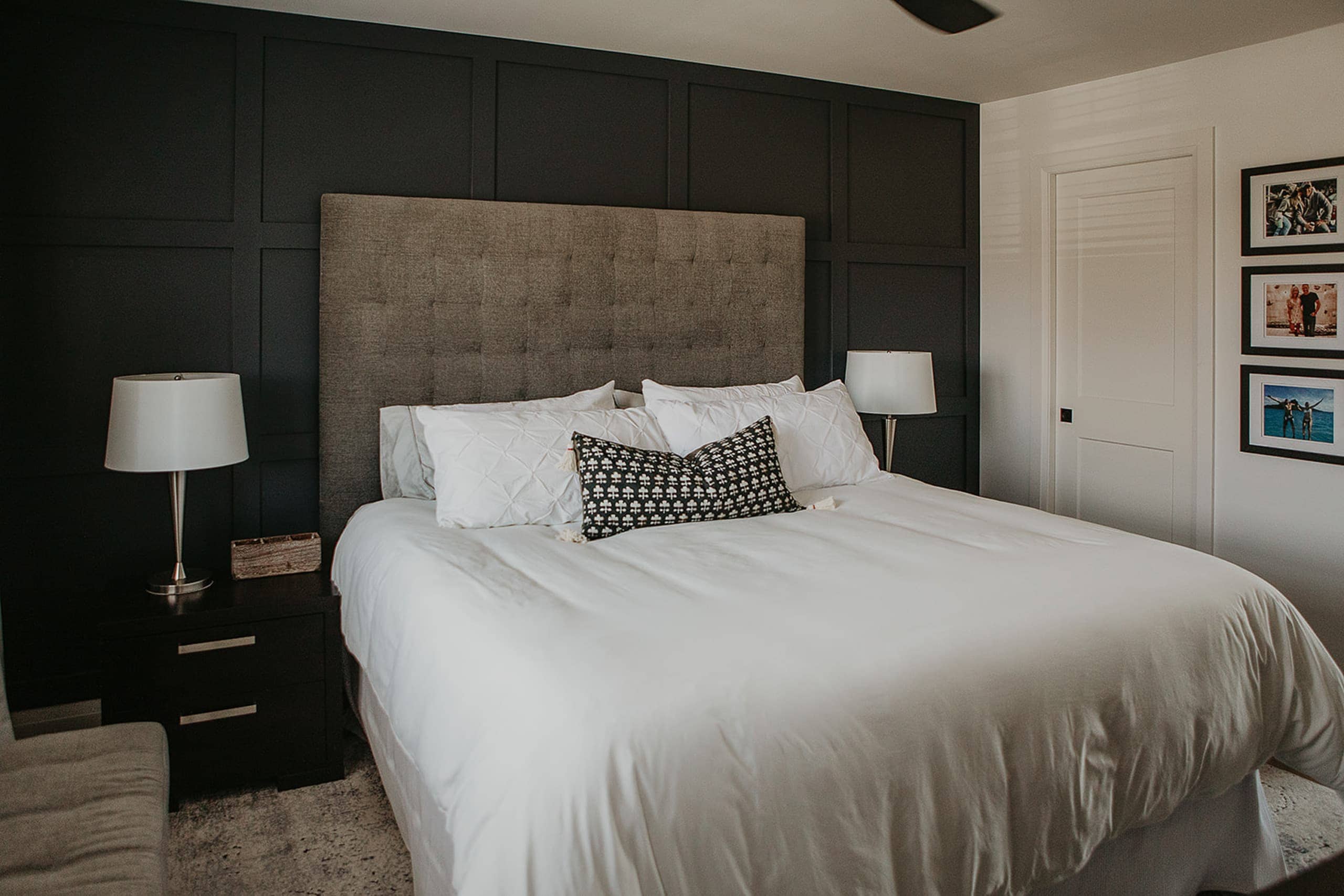 Main bedroom with navy accent wall