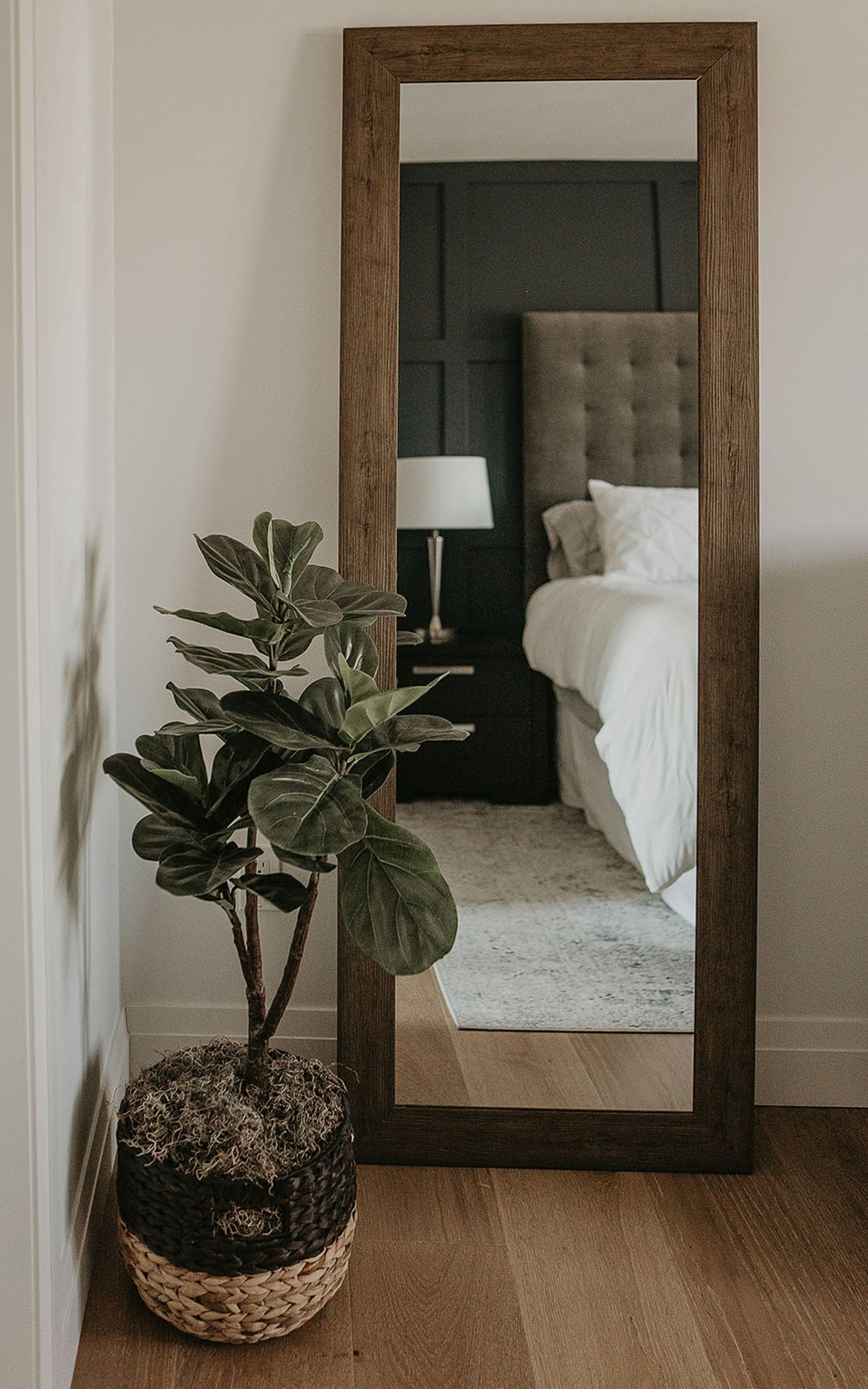 Wood mirror and plant