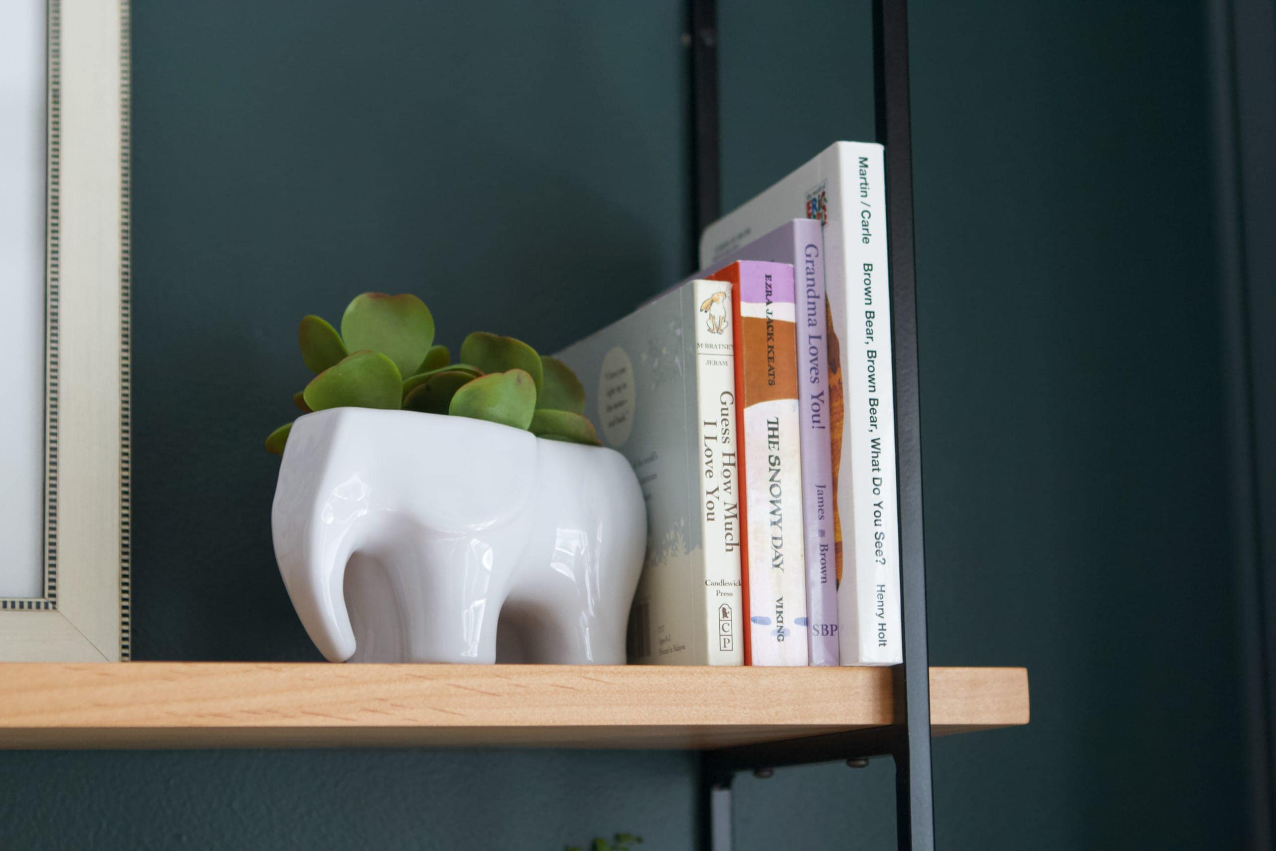 Adding cute books and planters to shelves