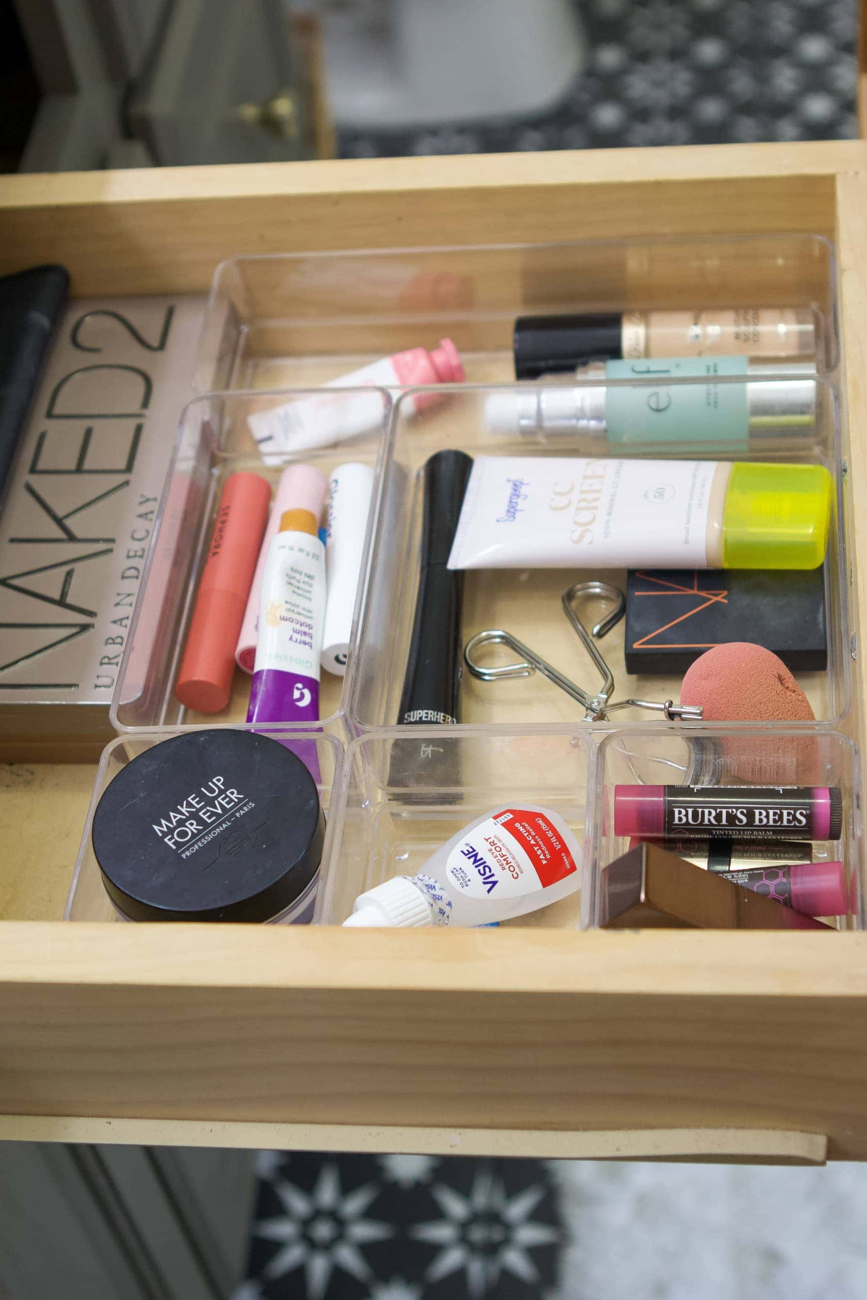 My organized makeup drawer in the bathroom