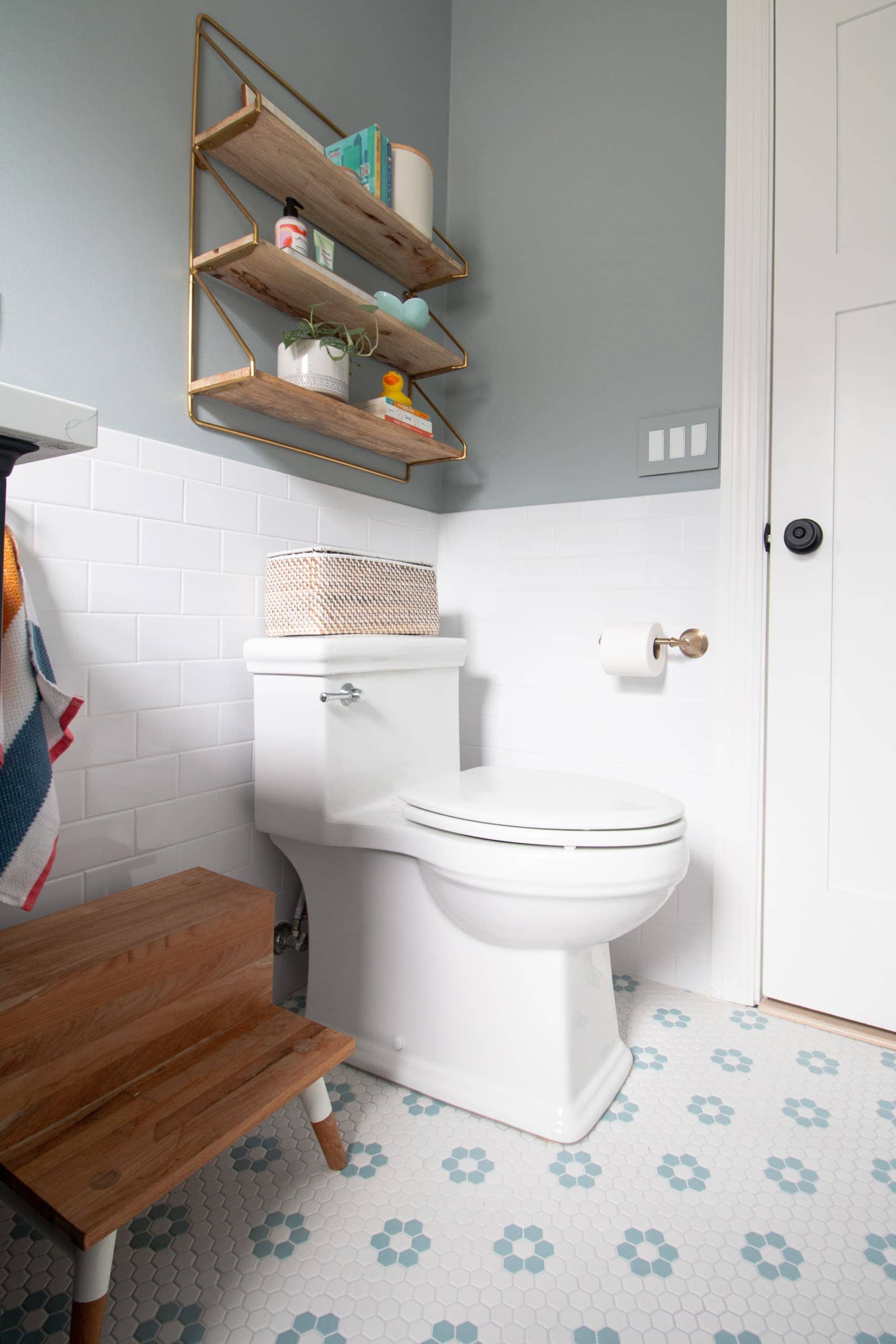 Our new skirted toilet in the kids bathroom reveal