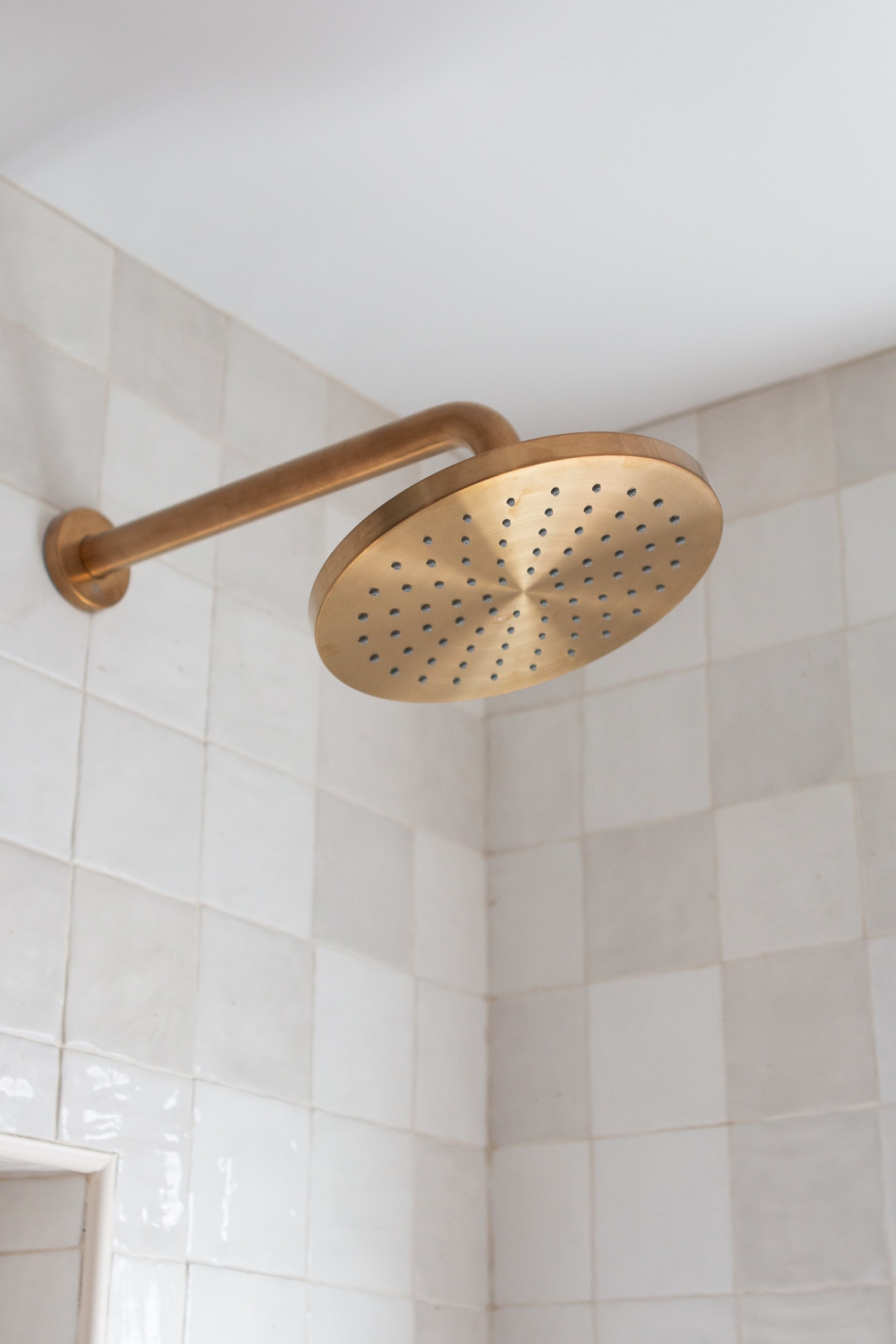 gold showerhead in a bathroom