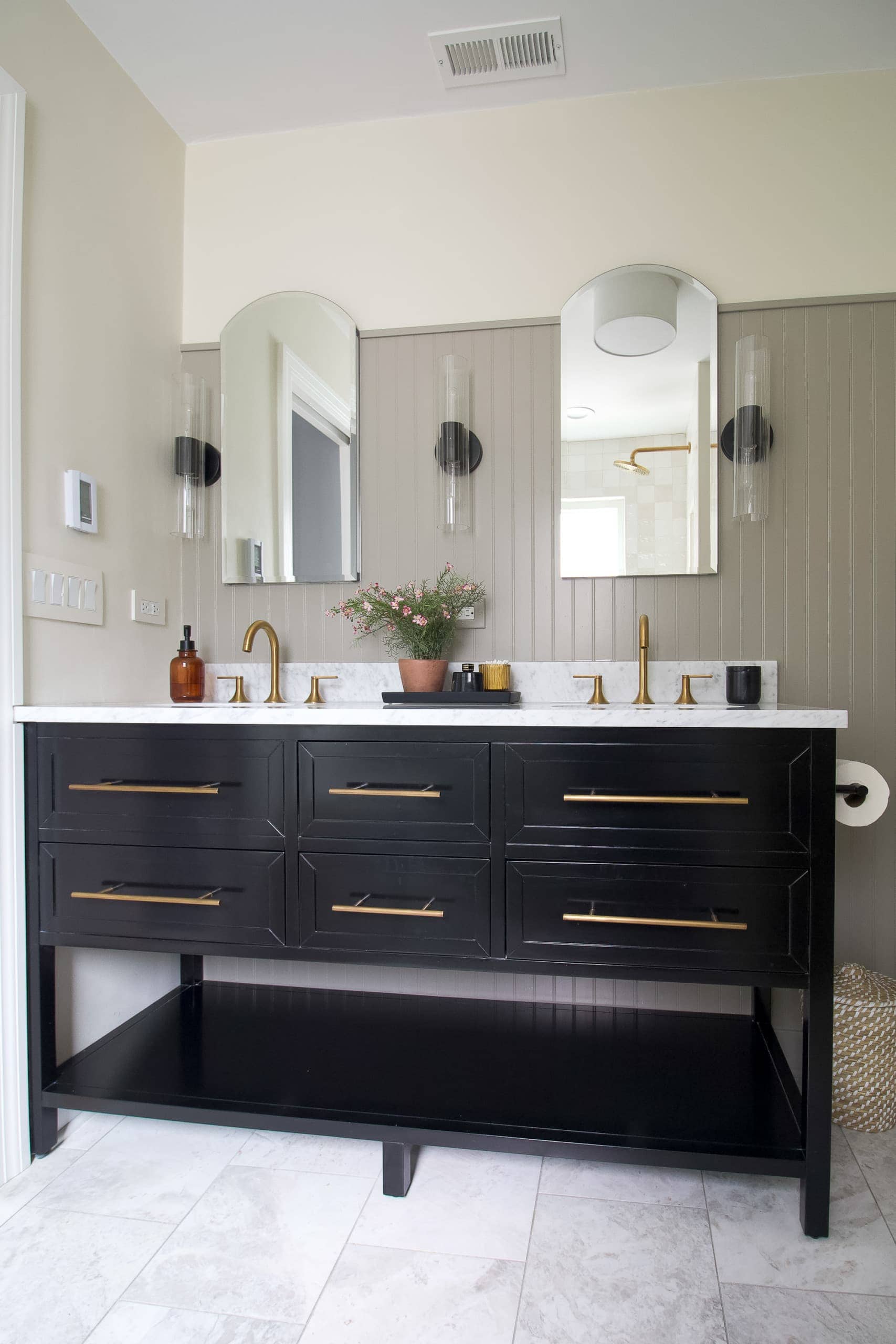 A black double vanity from signature hardware