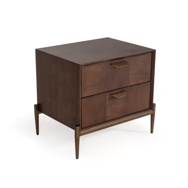 A wood nightstand with brass details