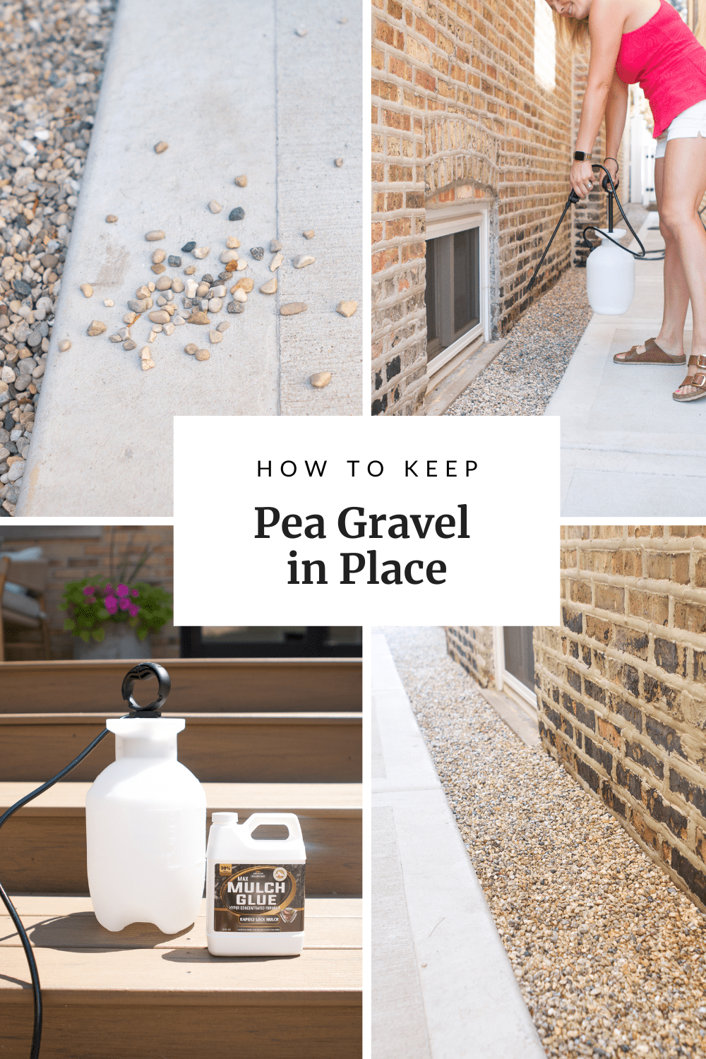 Using mulch glue to keep pea gravel in place