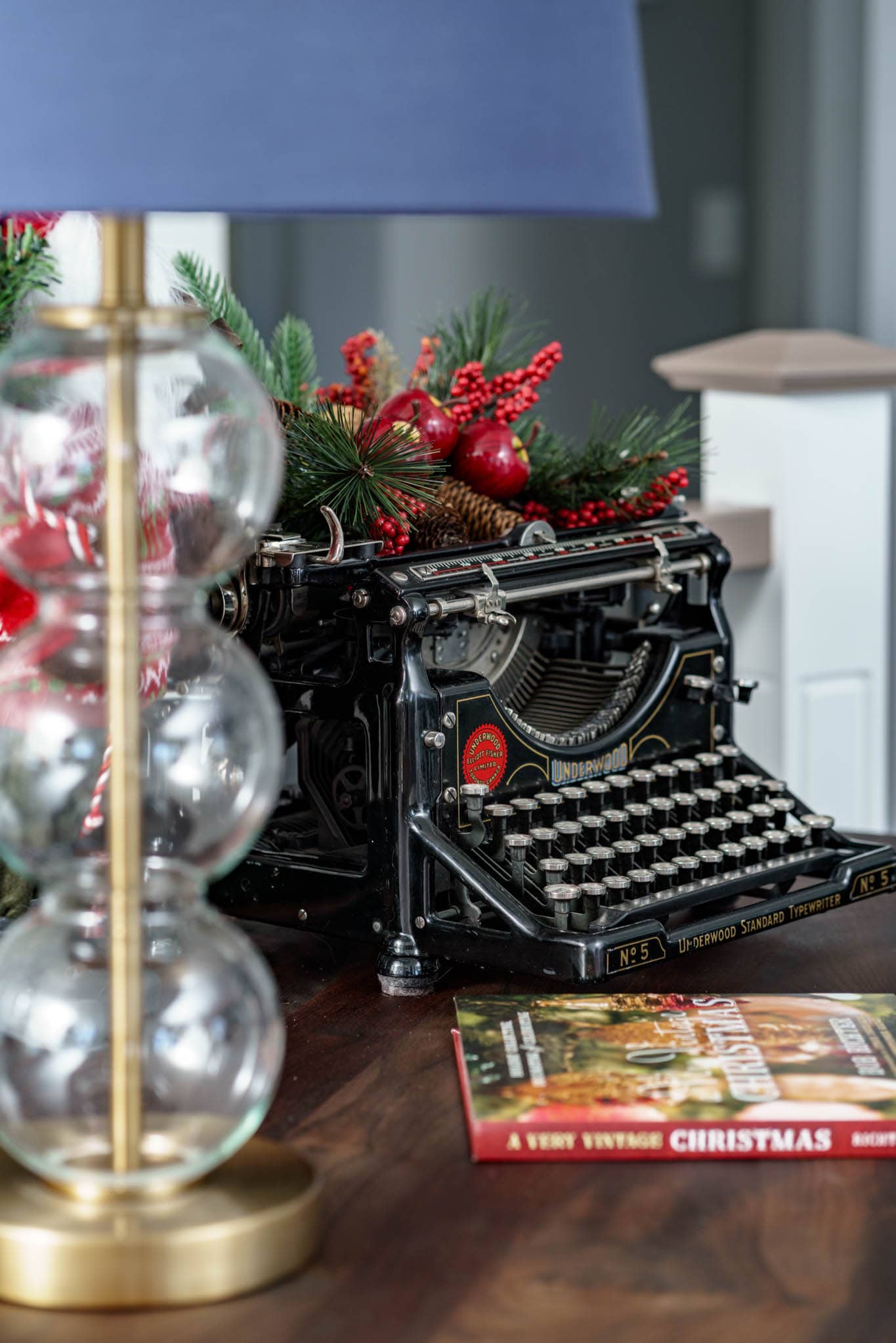 A typewriter decorated for christmas