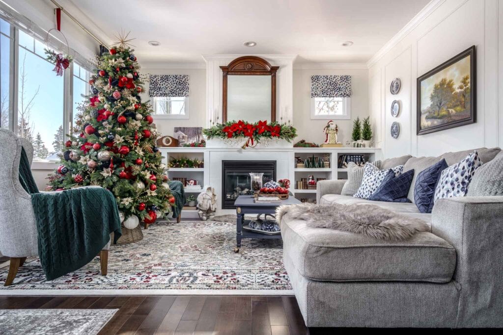 Christmas Living Room Decor in this mountain holiday home in Calgary