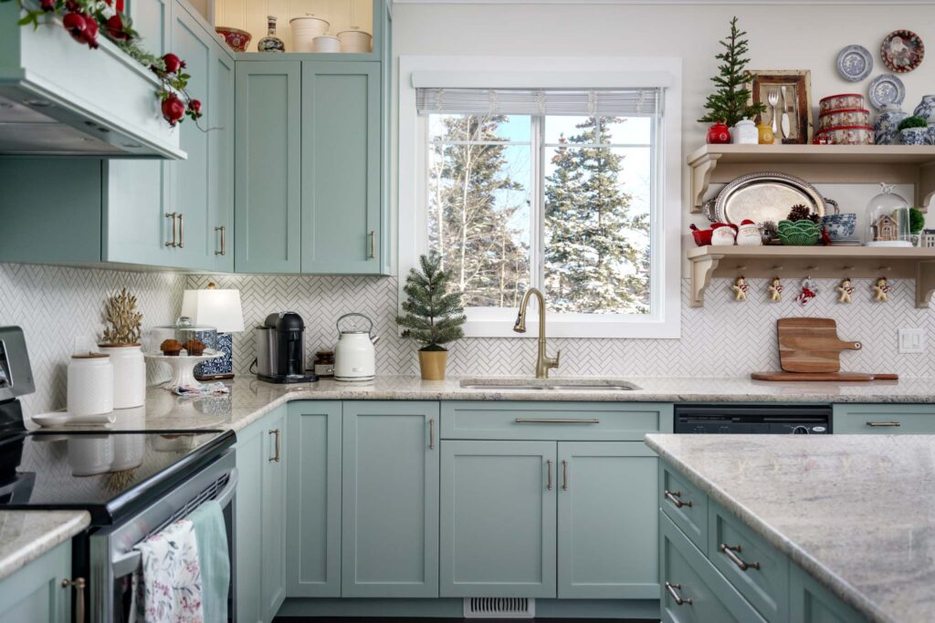 A blue kitchen with cute holiday accents 