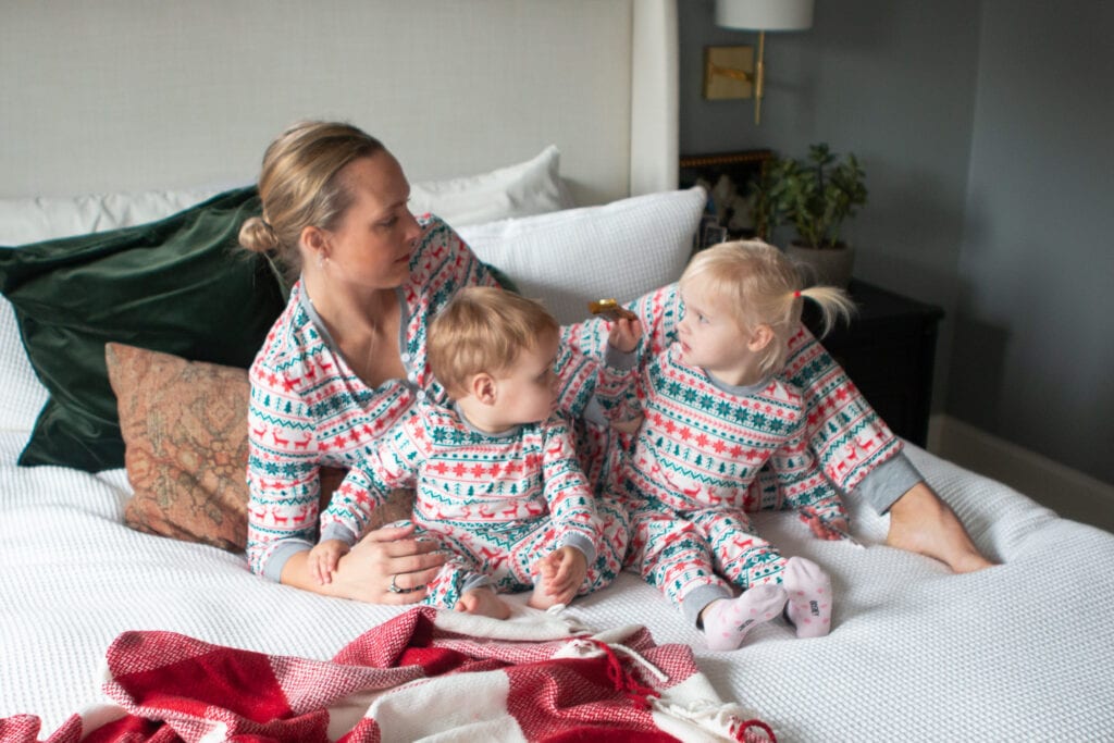 Ellis and Rory wearing holiday Christmas jammies