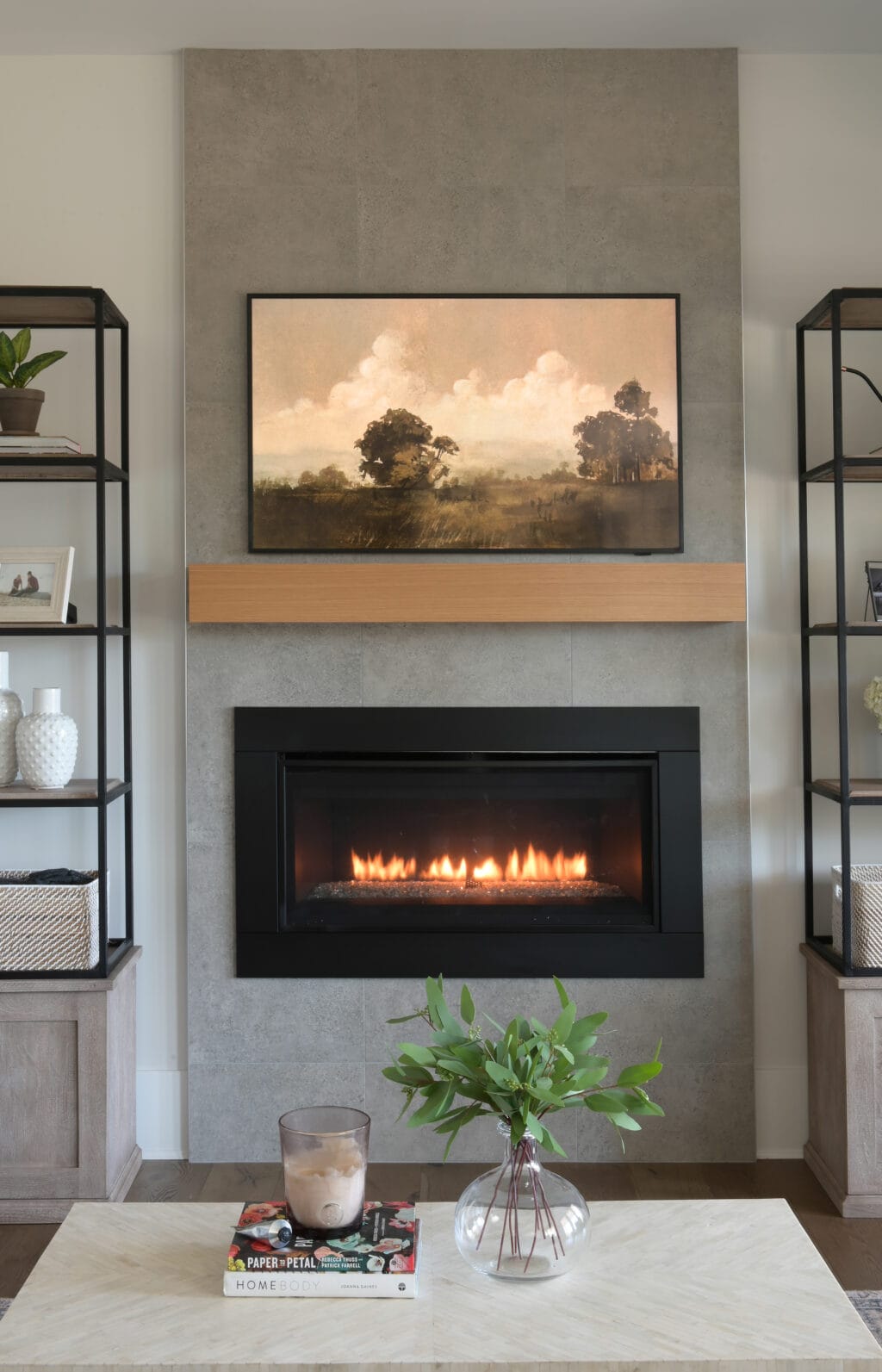 modern fireplace in an organic modern design space
