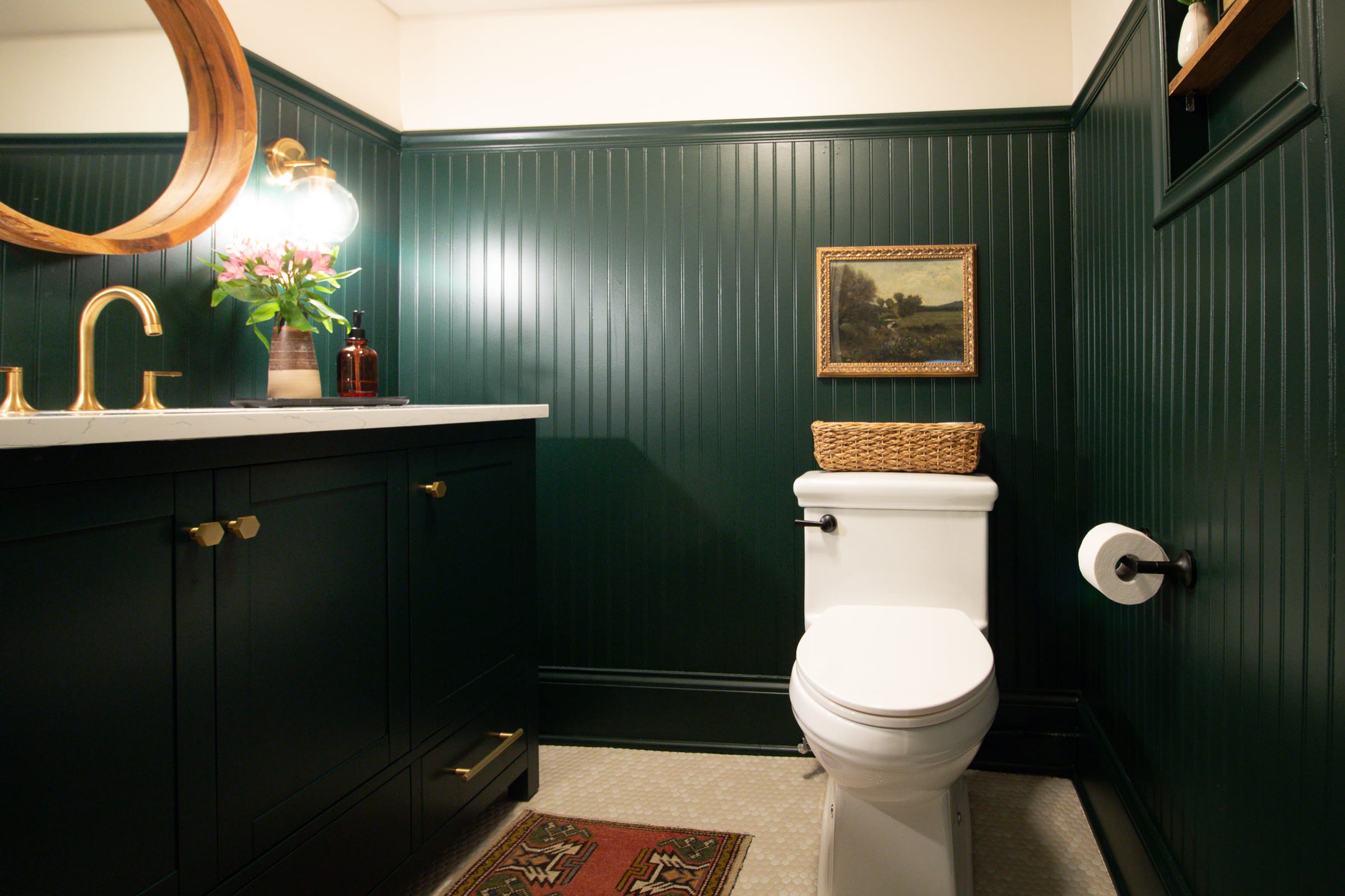 Our dark green bathroom now
