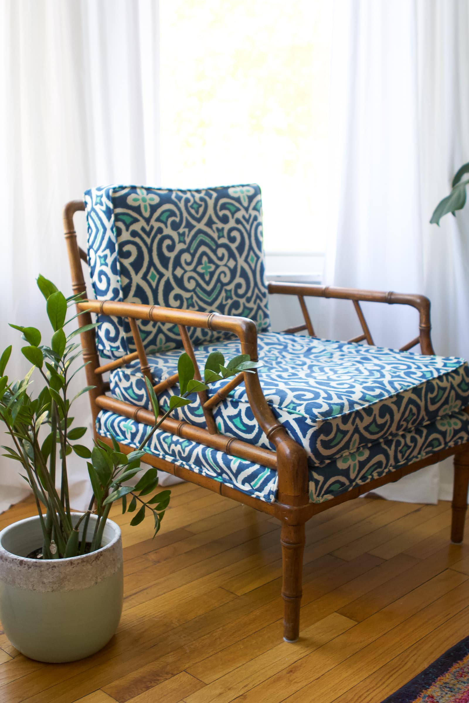 Bold patterned chair in the living room