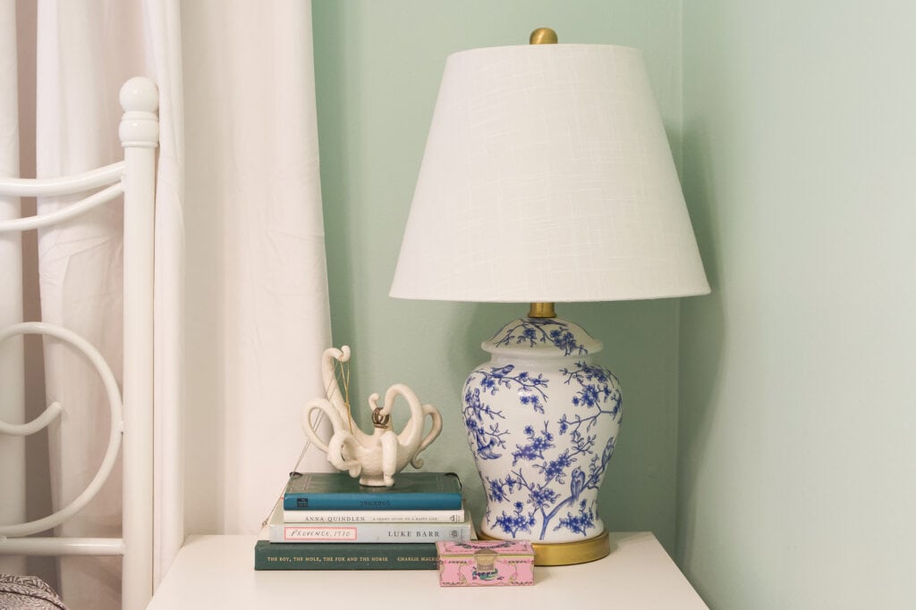 Blue and white table lamp in a colorful condo