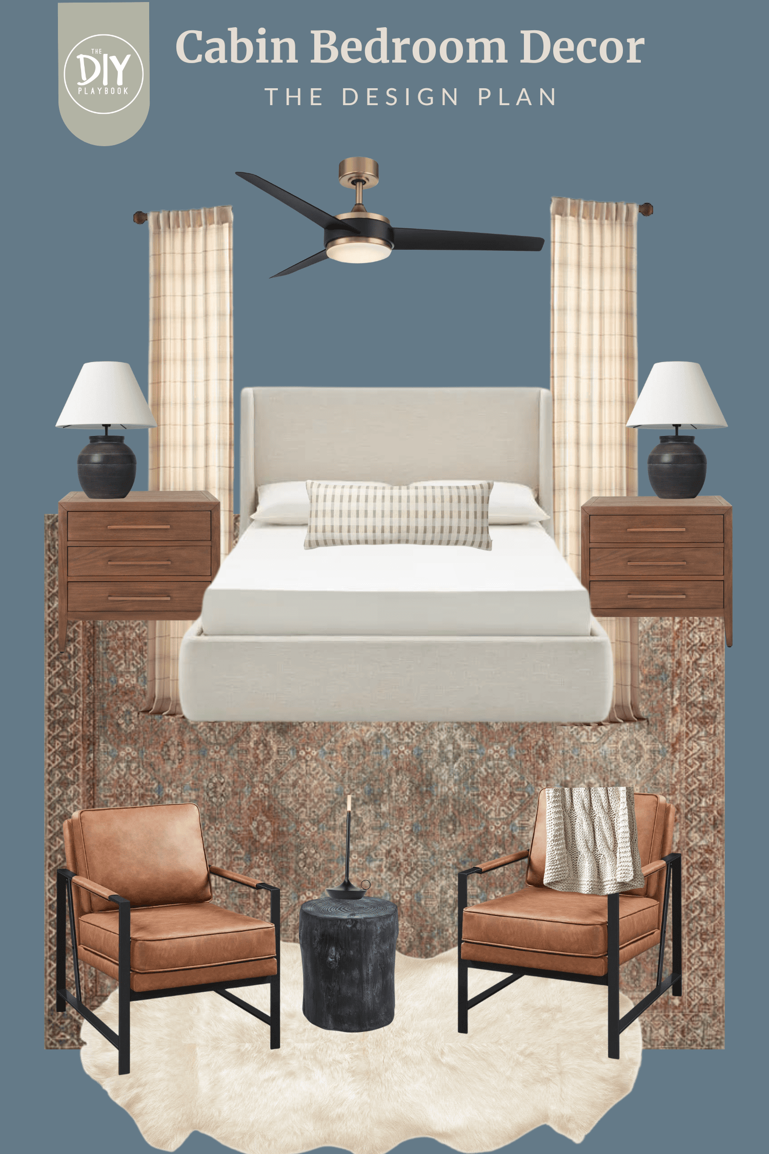 A mood board with cabin bedroom decor ideas