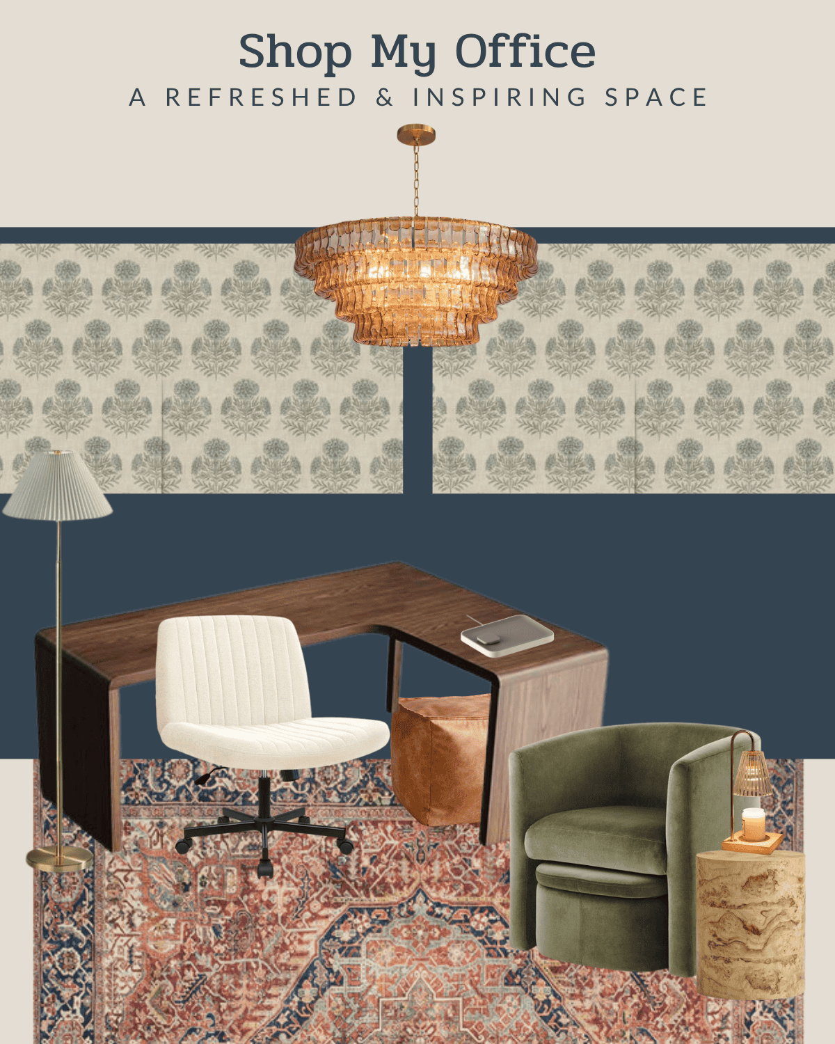 Shop my office with navy walls, wallpaper, a vintage rug and walnut desk