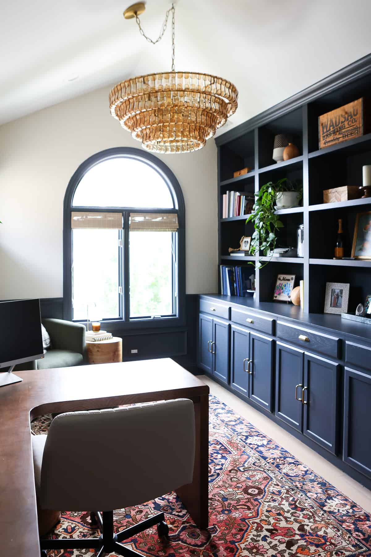 My home office refresh with navy blue built ins